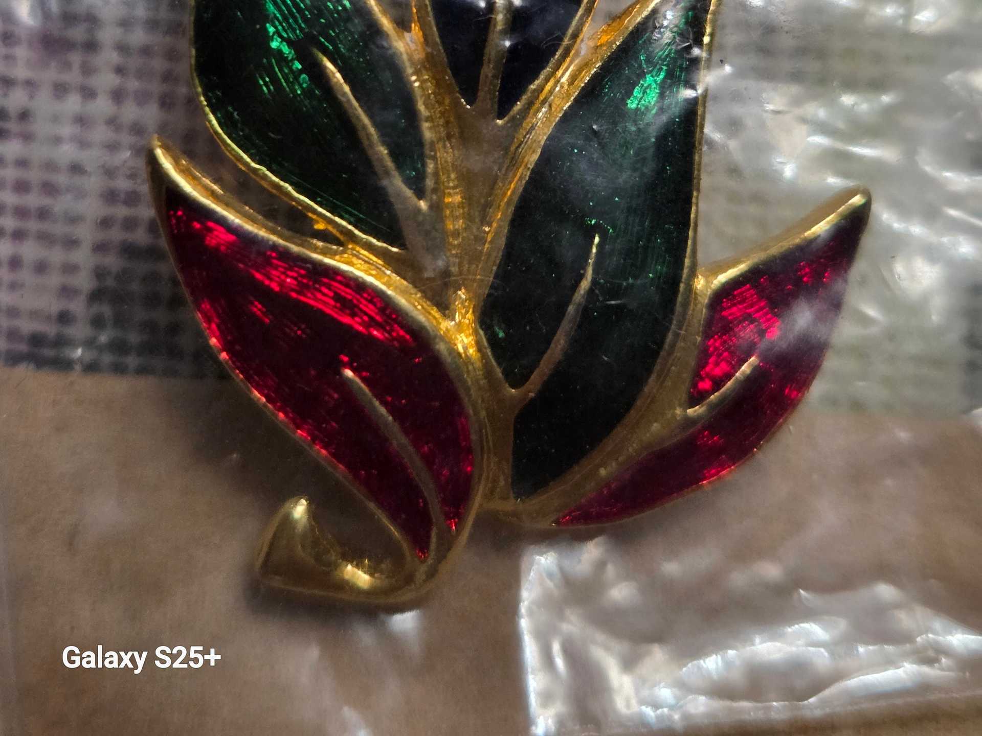 Vintage Enamel Leaf Brooch with Gold Tones and Red, Green, and Blue Accents