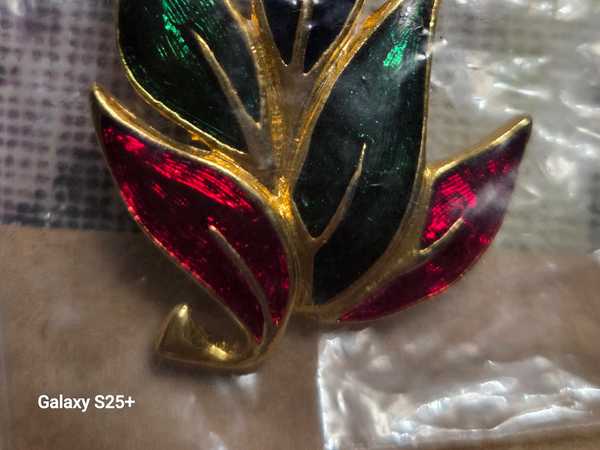 Vintage Enamel Leaf Brooch with Gold Tones and Red, Green, and Blue Accents