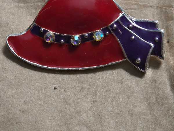 Charming Red and Purple Enamel Hat Brooch with Rhinestones
