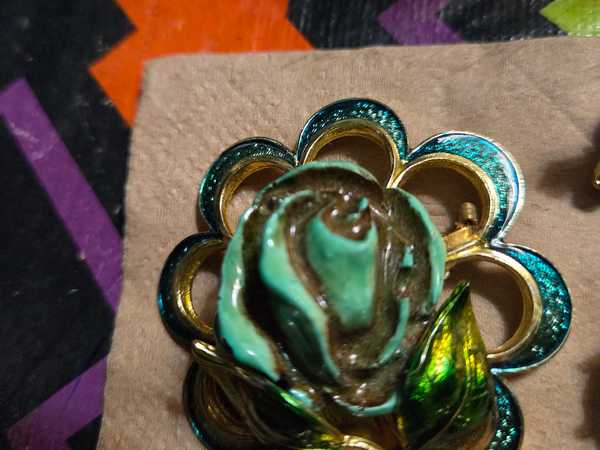 Exquisite Vintage Teal Rose Enamel Brooch with Gold Accents